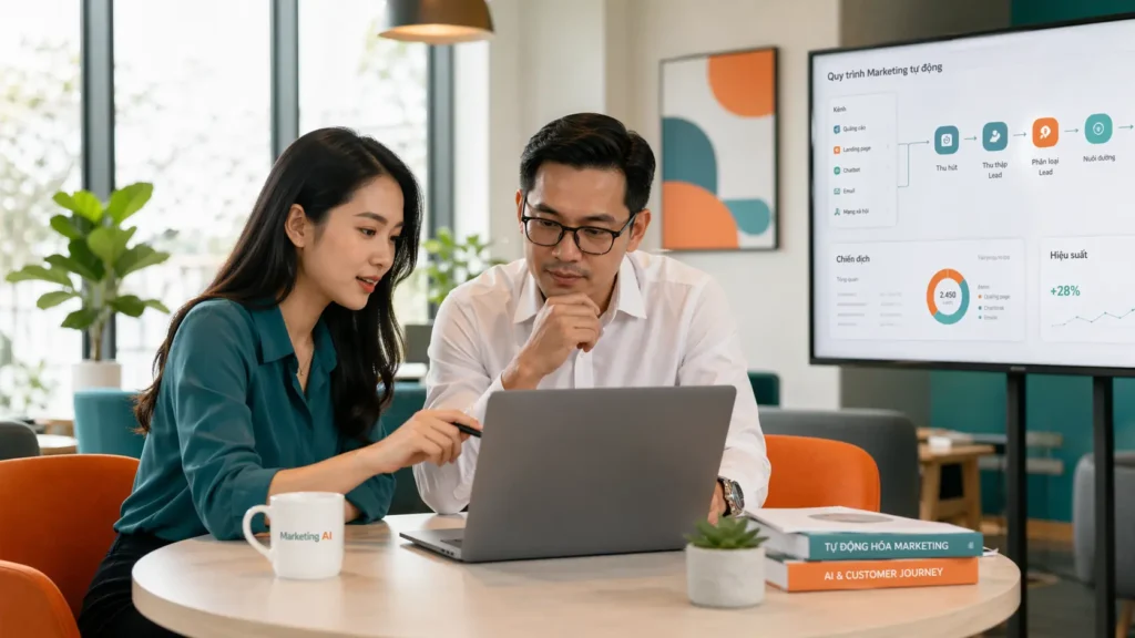Doanh nghiệp bắt đầu ứng dụng AI Automation Marketing với 1-2 nhân sự đang phân tích dữ liệu và lập kế hoạch marketing