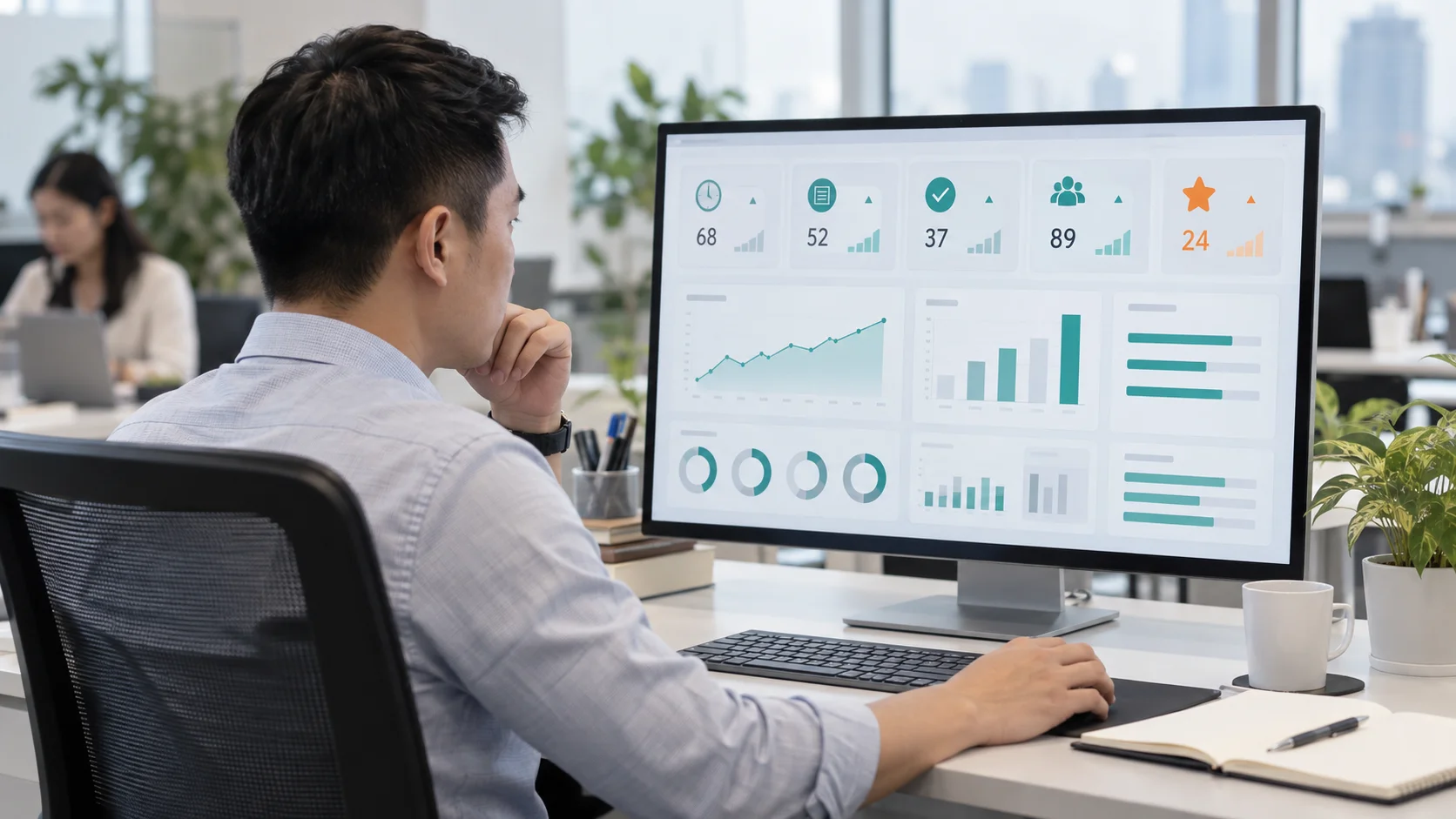 Quản lý vận hành theo dõi dashboard để đánh giá hiệu quả thử nghiệm AI trong doanh nghiệp.