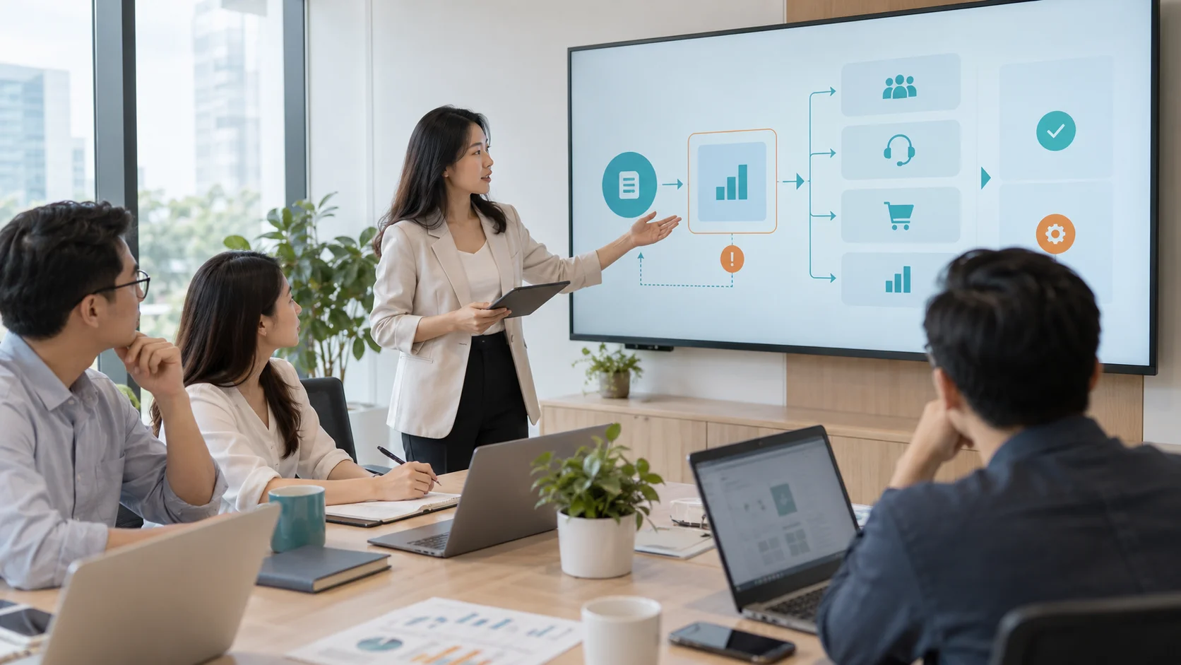 Đội ngũ quản lý thảo luận lộ trình mở rộng AI sau giai đoạn thử nghiệm trong doanh nghiệp.